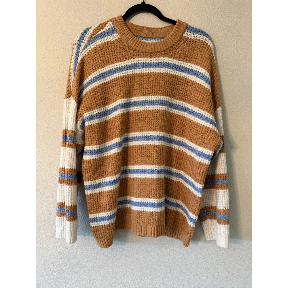AE Knit Waffle Knit Sweater Oversized Chunky‎ Stripe Long Sleeve Crew Neck L